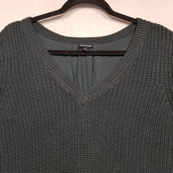 Torrid Sz 1 (1X) Sweater Cable Knit Green Sheer Under Layer Tie Split Back - Picture 4 of 12